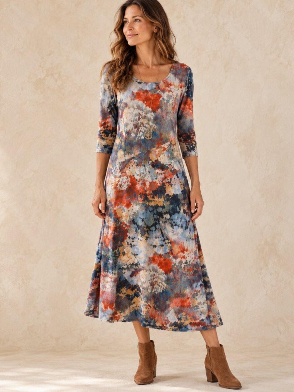 Soft Surroundings Nanette Dress Womens MP Watercolor Midi Artwear Jersey Cottage
